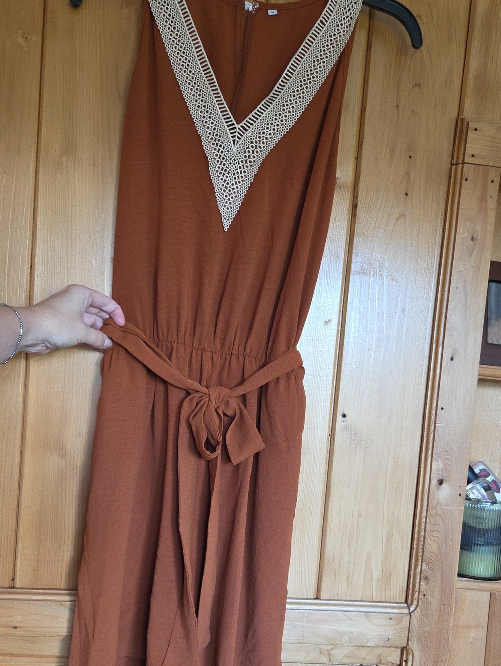 Sleeveless Rust Brown V-Neck Tie-Waist Romper